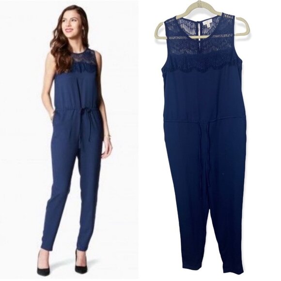 Charming Charlie Navy Blue Jumpsuit Lace Fringe Tie Waist Boho‎ Size S Bohemian - Picture 2 of 13